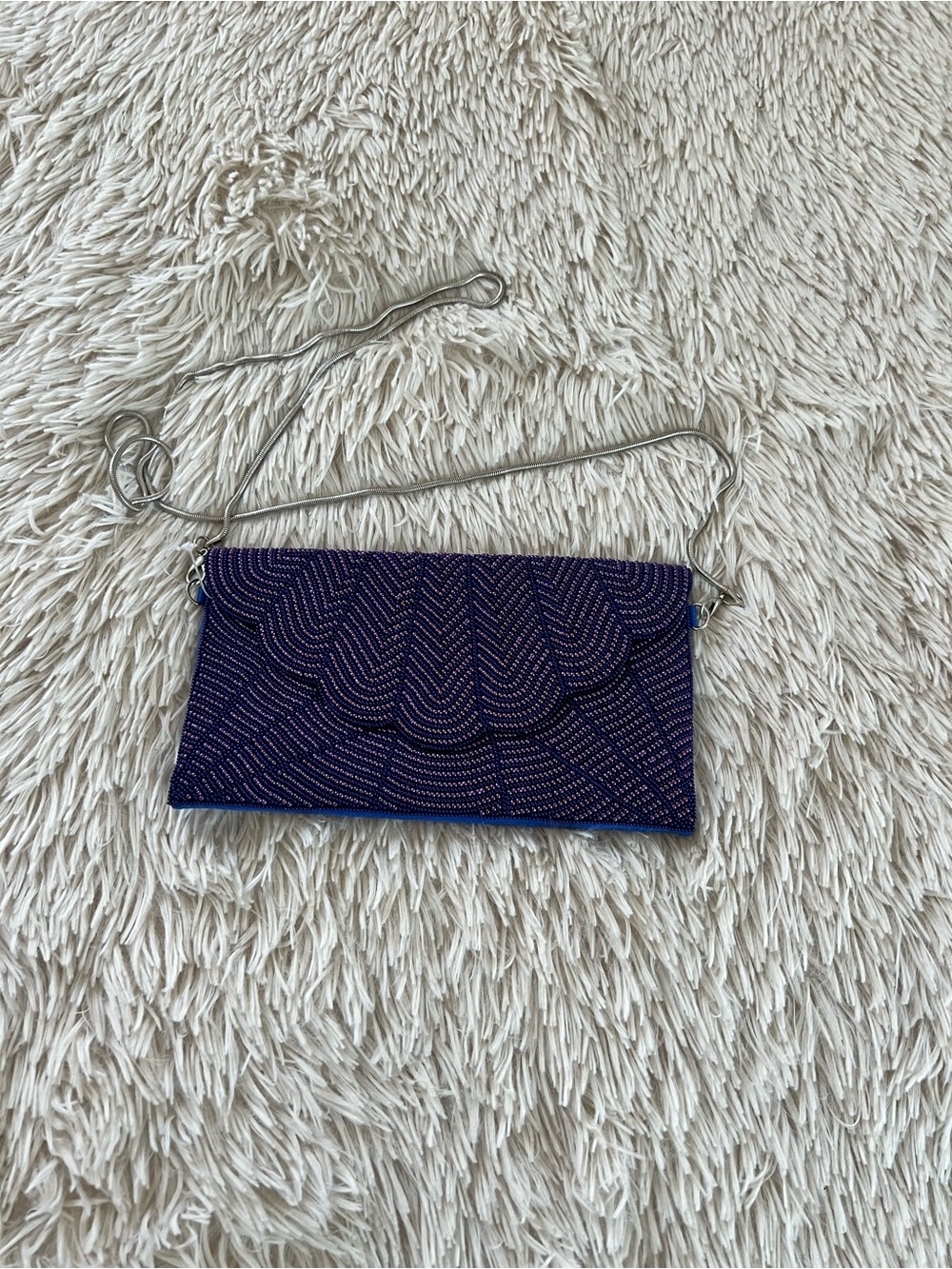 Lulu's Purple Beaded Evening Clutch with Silver Chain